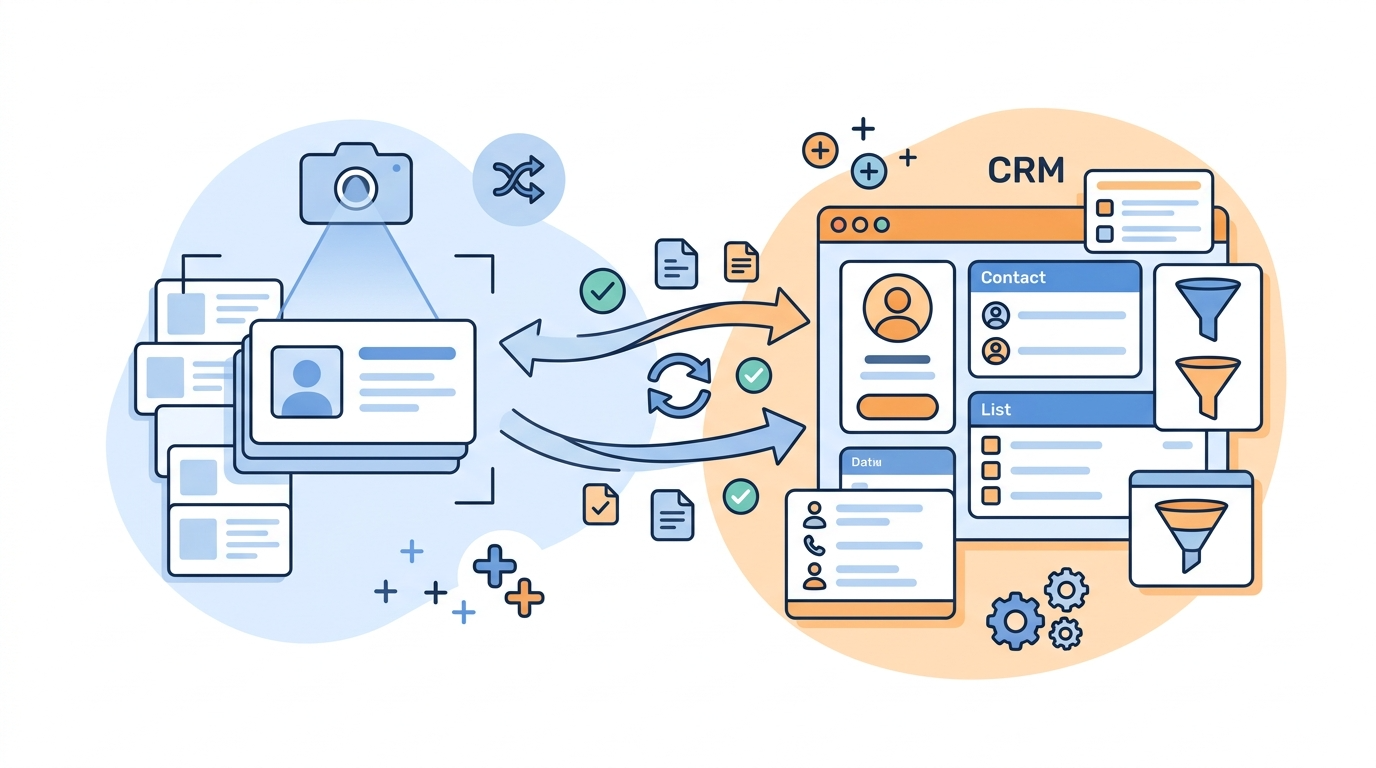 Sansan名刺管理とHubSpot CRMの連携を表すイラスト。左側に名刺スキャンのアイコン、右側にCRMのコンタクト管理画面、中央で双方向の矢印とデータ同期シンボルが名刺情報の自動登録とデータクレンジングを示している