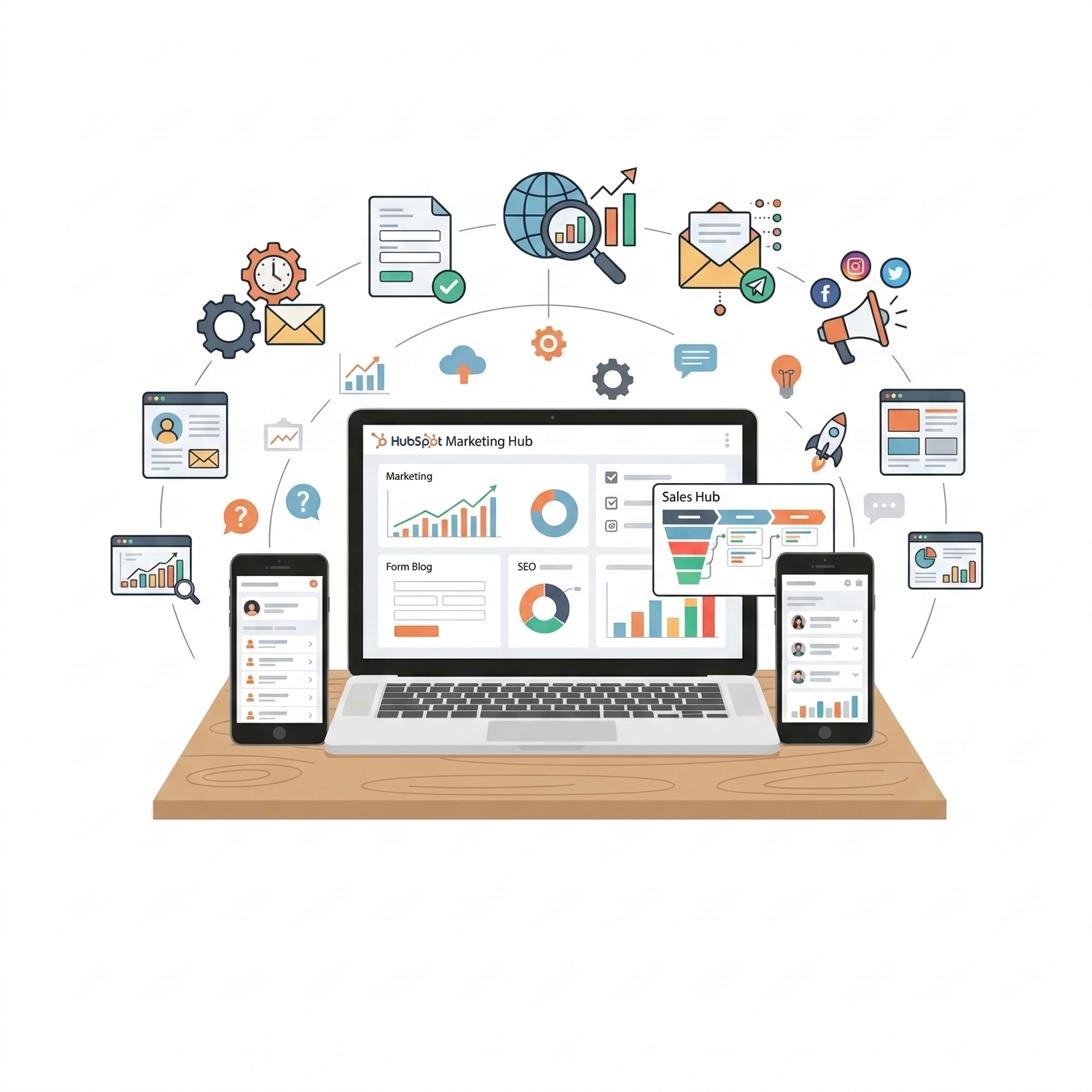 HubSpot Marketing Hubの機能一覧を示す管理画面イラスト