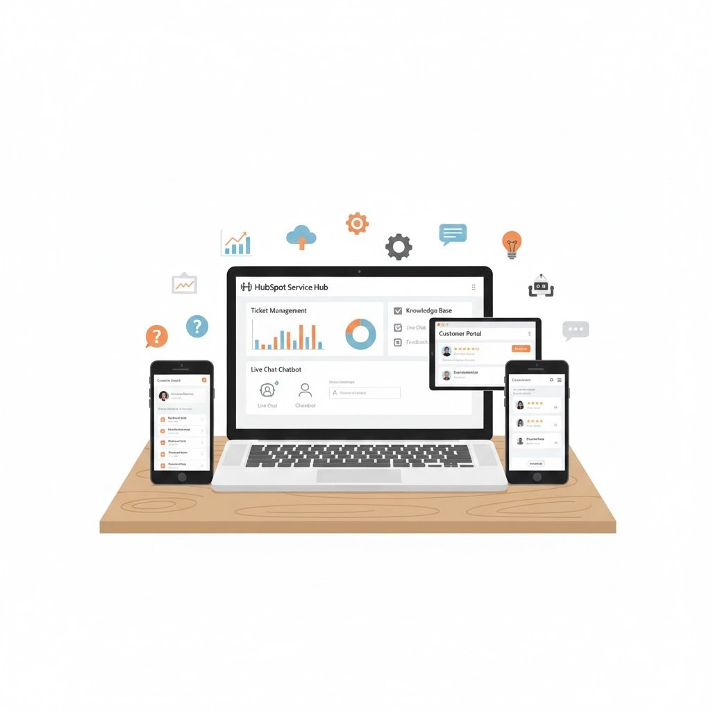 HubSpot Service Hubの機能一覧を示す管理画面イラスト(チケット管理・ナレッジベース・チャットボット)